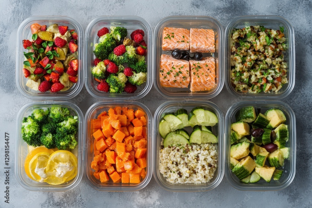 Colorful Variety of Healthy Meal Prep Containers with Fresh Ingredients Colorful Variety of Healthy Meal Prep Containers with Fresh Ingredients