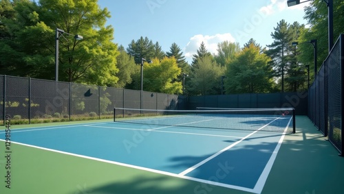 Wallpaper Mural Pickl. Blue tennis court with white lines under bright sunny sky, surrounded by green trees and black fences, ideal for sports events, outdoor activities, recreational games, healthy lifestyle backgr Torontodigital.ca