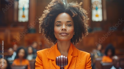 Confident woman speaks at city hall, audience blurred