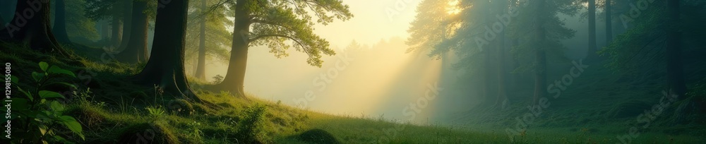 Obraz premium Misty forest landscape with sunlight filtering through, mist, light
