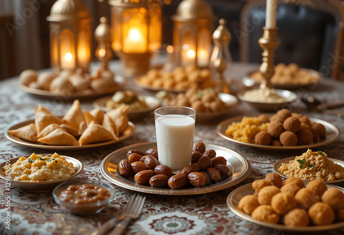 Wallpaper Mural Iftar Feast: Abundant Table Setting with Traditional Ramadan Food, Lanterns, and Festive Atmosphere with family  Torontodigital.ca