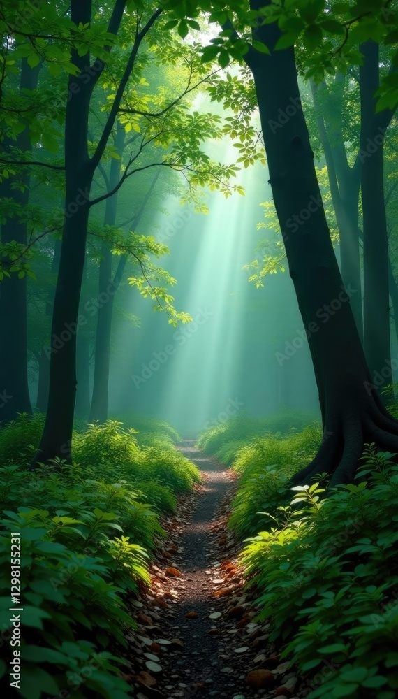 Obraz premium Misty forest path winding through dense foliage,, tree