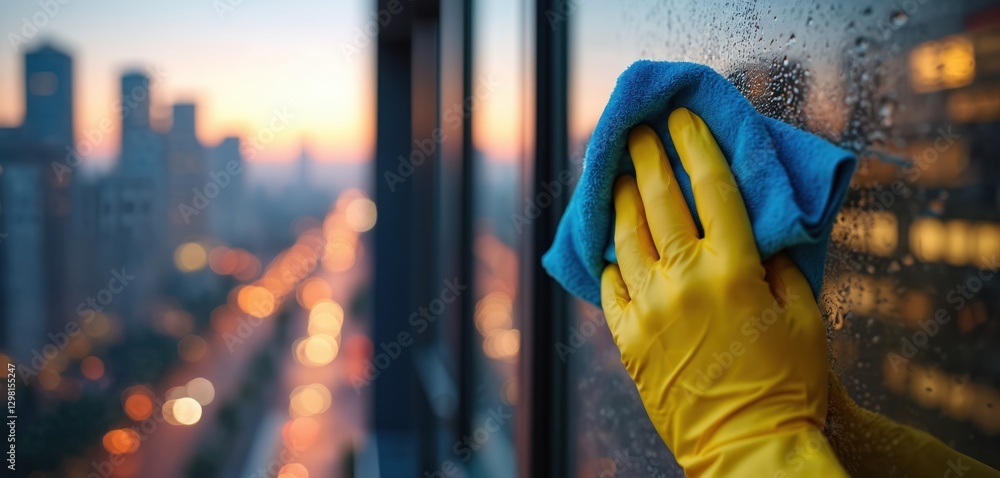 Obraz premium Close-up of hand in protective yellow glove wiping window with blue cloth. Evening city lights reflected on glass surface. Cleaning service, housework. Professional cleaning, tidiness, maintenance