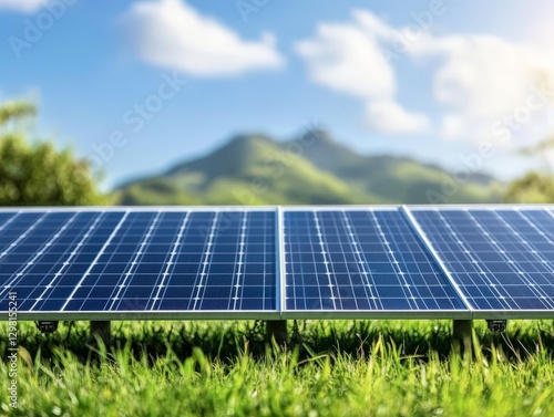 Solar panel farm with green rolling hills in the background renewable energy concept for environmental sustainability and technology photo