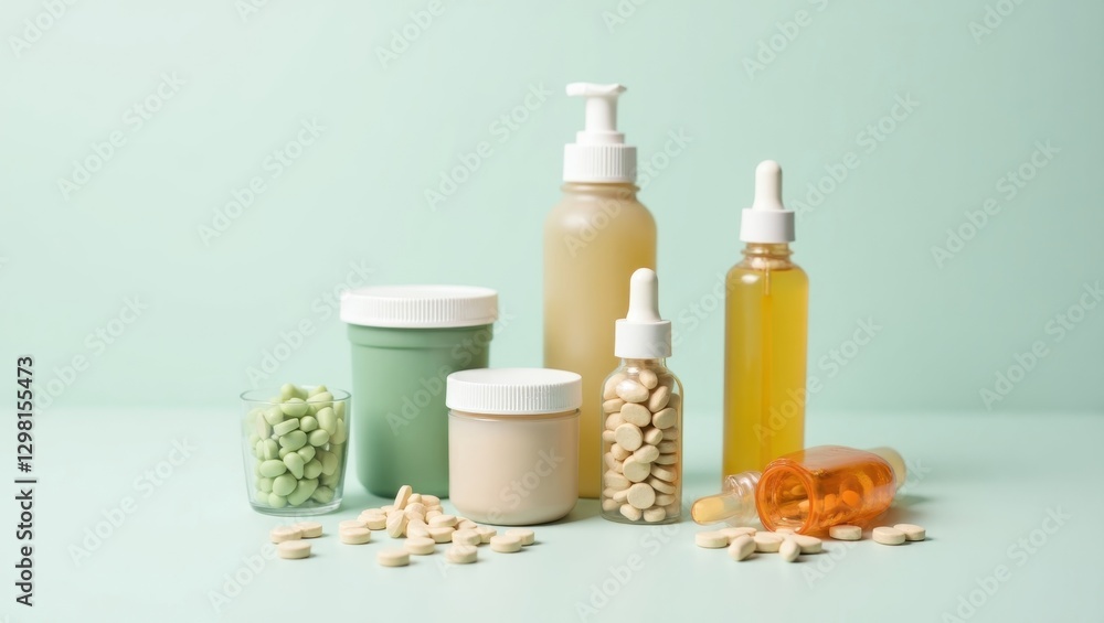 Natural Supplement. Bottles are filled with pills and vitamins on table Natural Supplement. Bottles are filled with pills and vitamins on table