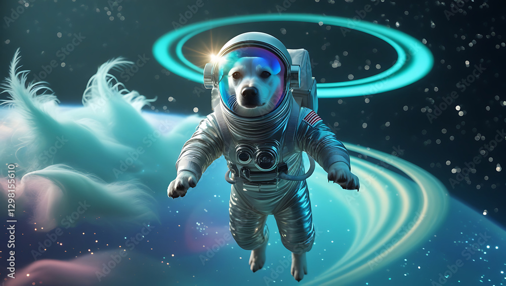 Naklejka premium A mesmerizing, hyper-realistic visual representation of astronaut Dog, suspended in mid-air, surrounded by a majestic, gas-giant planet with iridescent, created by generative ai
