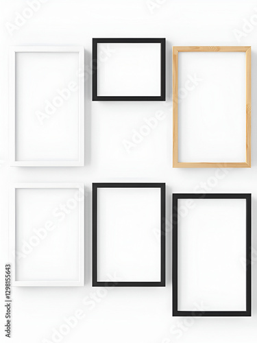 Picture frames set on transparent background.  White, wooden and black vertical frames, 40x60 cm. Template, mock up for your picture, artwork, poster or photo. 3d rendering.
