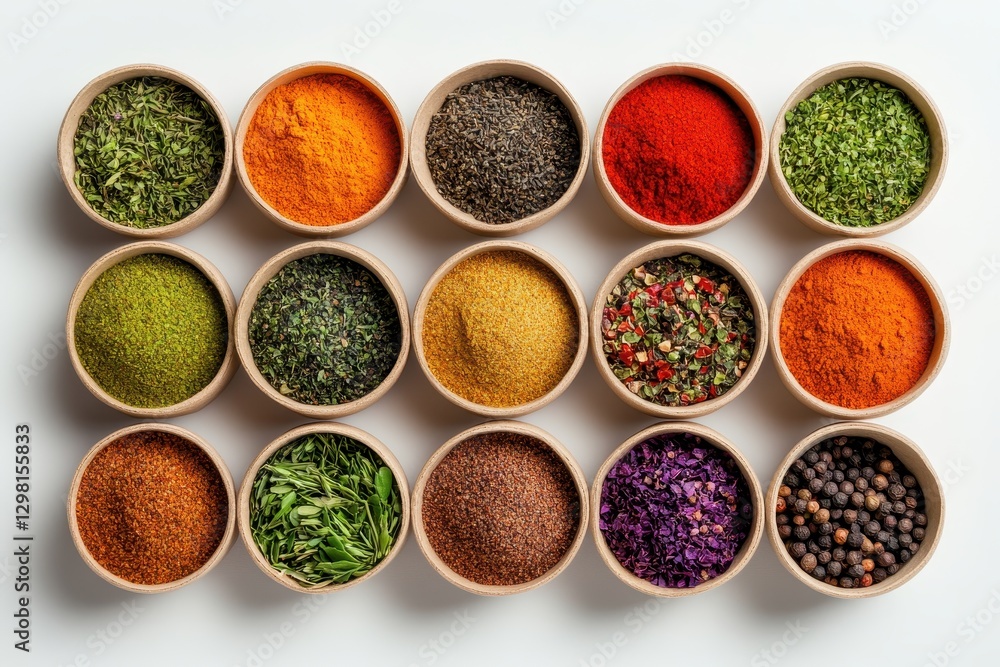 Variety of spices arranged in bowls on a neutral background showcasing vibrant colors and textures Variety of spices arranged in bowls on a neutral background showcasing vibrant colors and textures