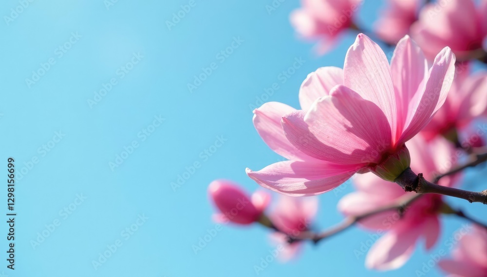 Obraz premium Soft pink petals unfurl in gentle breeze under clear blue sky, nature, tree