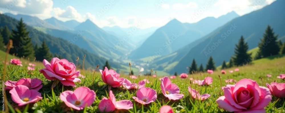 Fototapeta premium Soft pink rose petals scattered on a serene mountain meadow, roses, mountains, pink