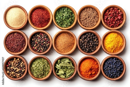 A vibrant display of various spices arranged in bowls for culinary inspiration and flavor enhancement