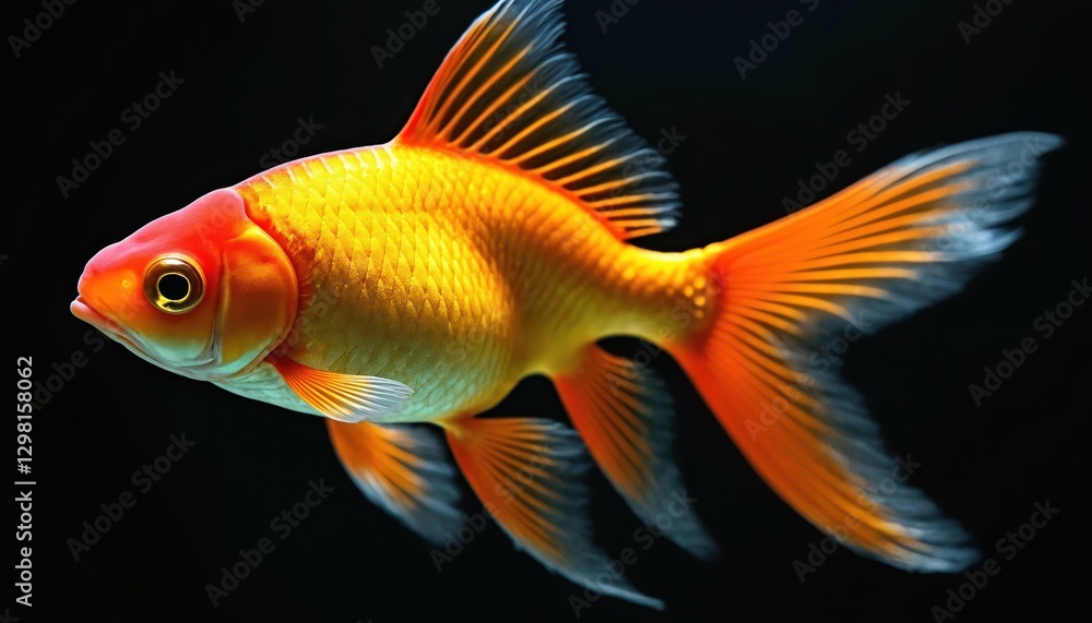 Carassius auratus auratus goldfish swims graceful in water. Aquarium fish with orange body, flowing fins. Isolated pet animal on black background. Underwater nature beauty. Carassius auratus auratus goldfish swims graceful in water. Aquarium fish with orange body, flowing fins. Isolated pet animal on black background. Underwater nature beauty.