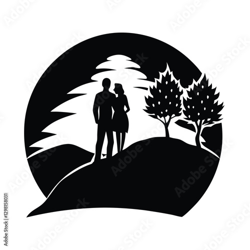 Silhouette of a couple standing on a hill admiring the sunset