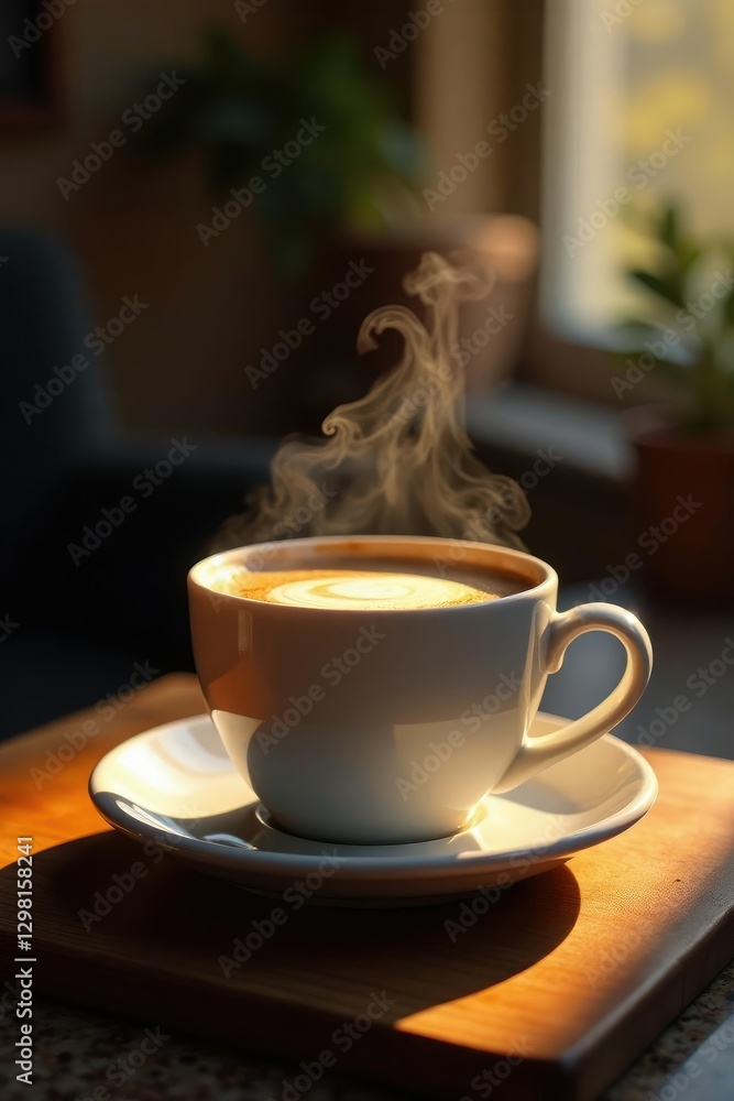 Obraz premium Warm light illuminates a steaming cup of coffee, morning, smoke, fragrance