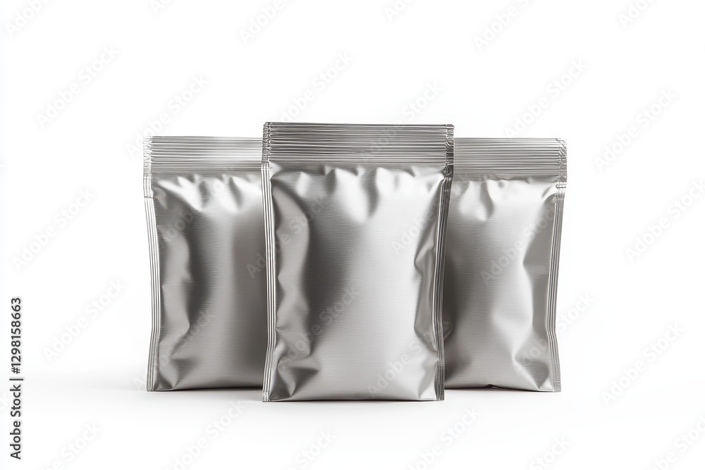 Silver packaging pouches arranged in a neat cluster on a bright background