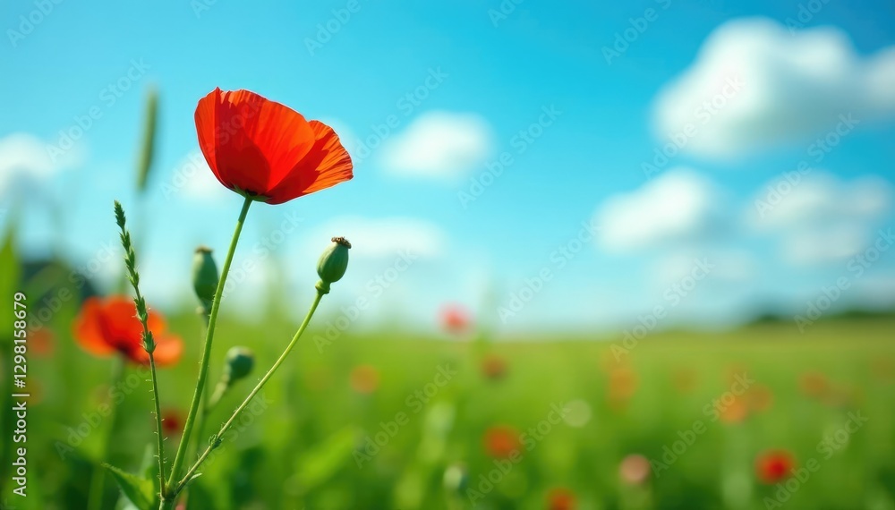 Naklejka premium A delicate poppy grows amidst tall grasses in an English meadow against a bright blue sky, england, field
