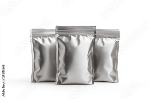 Obraz na płótnie Silver packaging pouches arranged in a neat cluster on a bright background w salonie