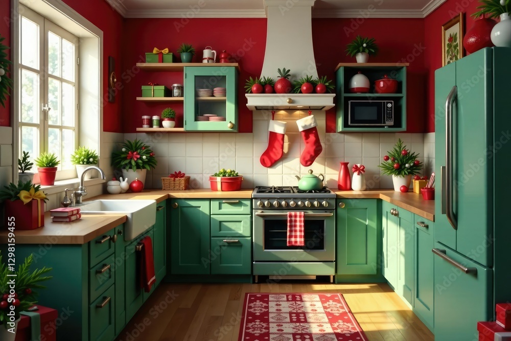 Fototapeta premium a festive Christmas kitchen with red and green decorations, bows, stockings, wrapping paper