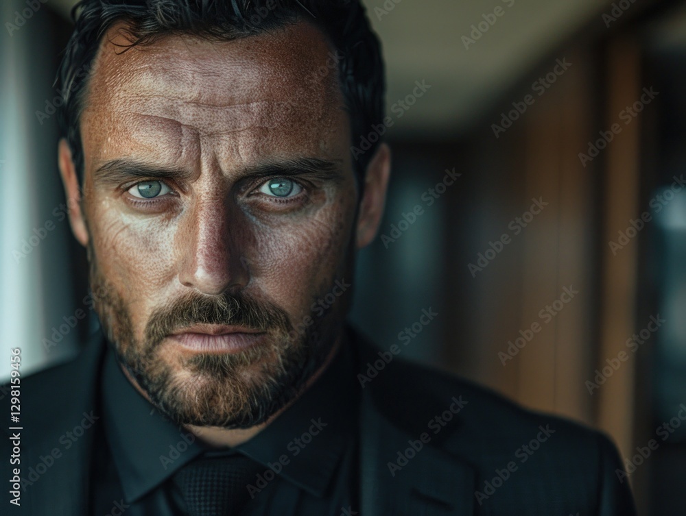 Fototapeta premium Intense man, suit, office, background blur, portrait
