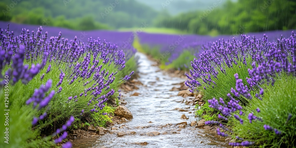 Obraz premium Lavender Field and Stream in Soft Rain Serene Landscape Photography