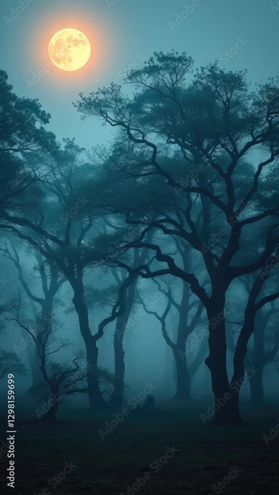 Fototapeta premium A misty forest with ancient trees and a glowing moon, landscape, earth, mist