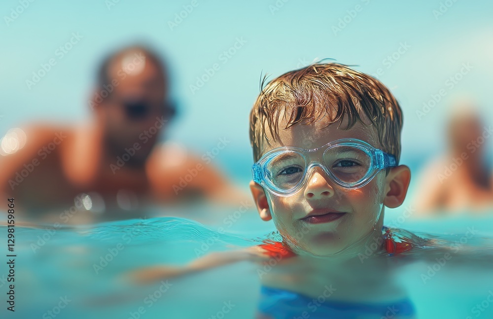 Naklejka premium A young boy wearing swimming goggles is floating in the water at a summer beach, while his father watches him from behind.