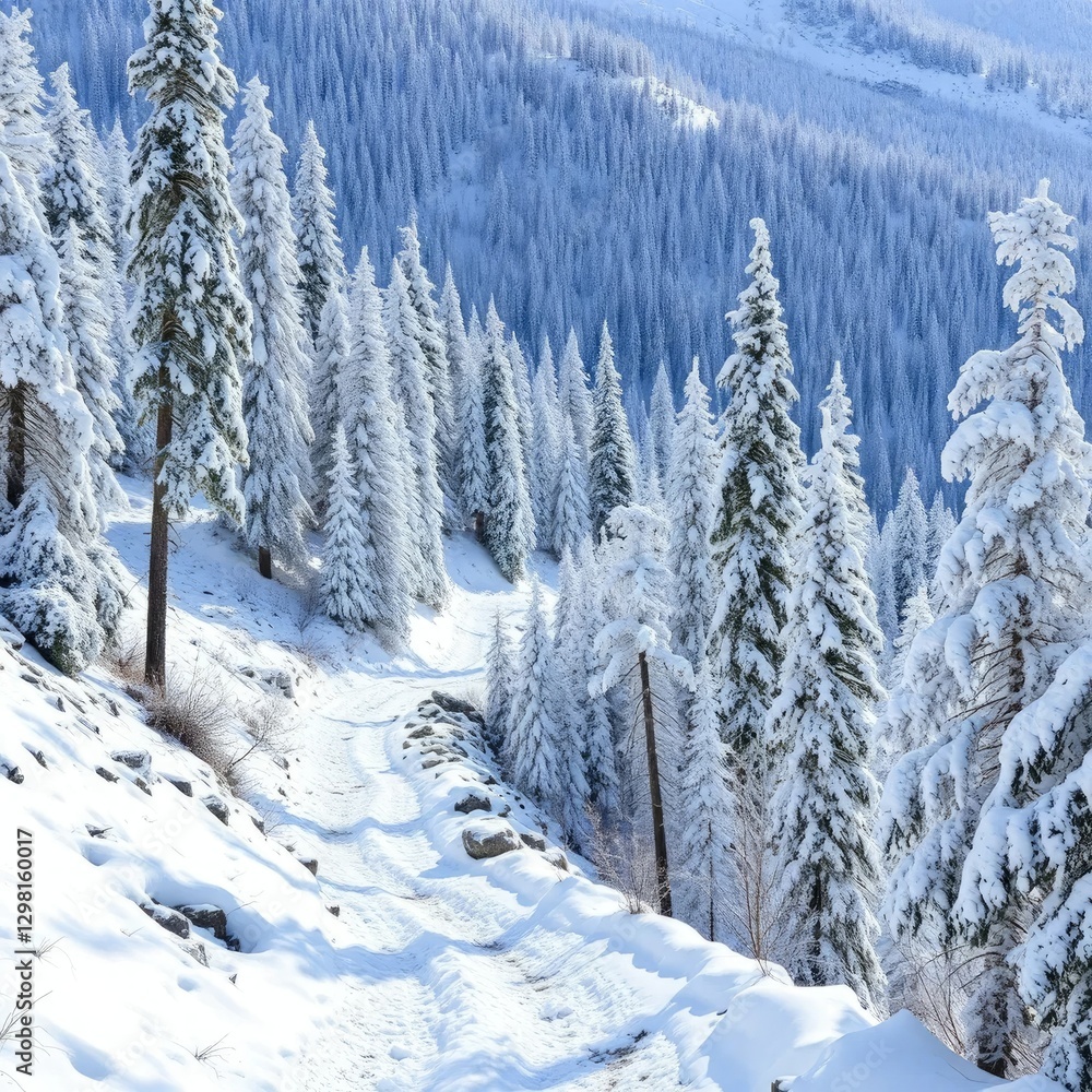 Fototapeta premium A rugged mountain trail winds through the snowy woods, mountain trail,, frozen trees