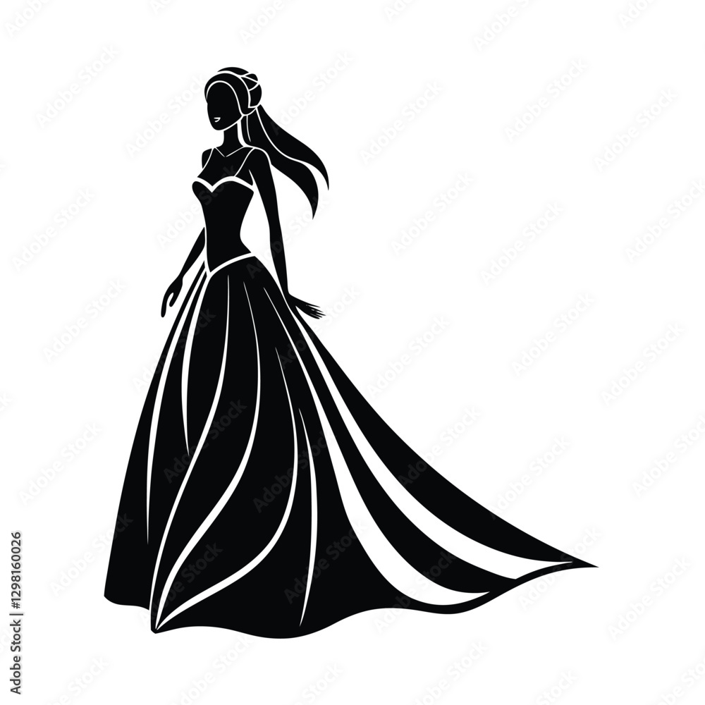Silhouette of an elegant bride in a flowing wedding dress standing gracefully Silhouette of an elegant bride in a flowing wedding dress standing gracefully