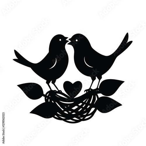 Silhouette of two lovebirds building a nest together in harmony