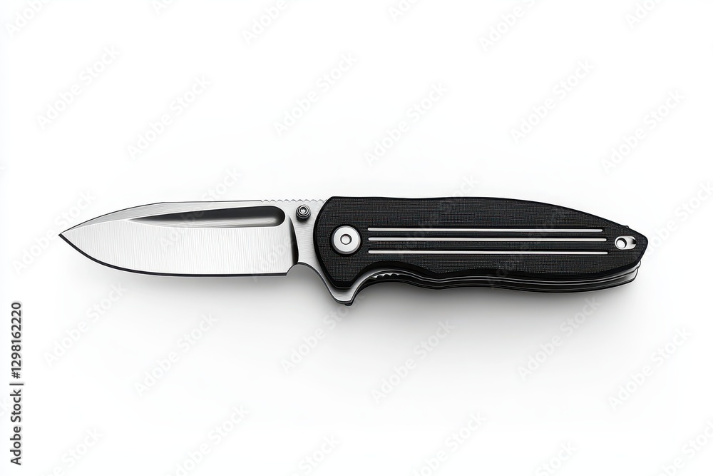 Sleek folding knife with a stainless steel blade and black handle design on a clean background Sleek folding knife with a stainless steel blade and black handle design on a clean background