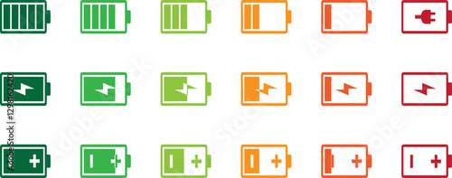 Battery icon set. Battery charge level icons. Battery Charging indicator in thin line and flat icon collection. Vector illustration