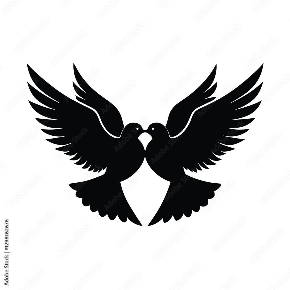 Obraz premium Silhouette of two lovebirds soaring together in the sky