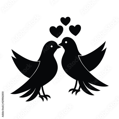 Silhouette of two lovebirds kissing with floating hearts above them