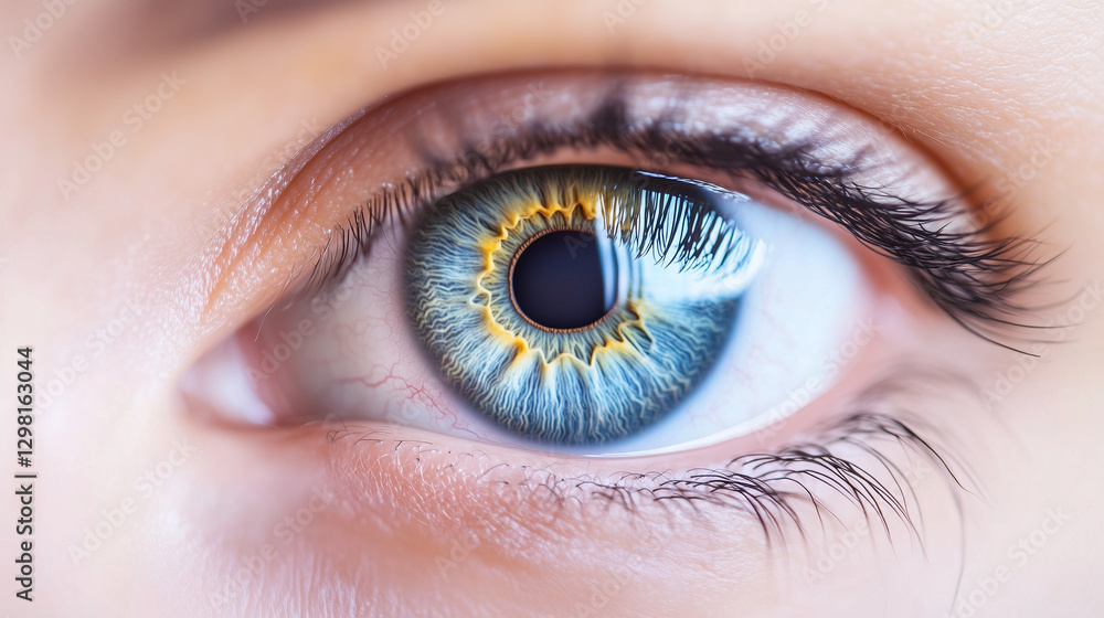 Fototapeta premium Blue orange human eye iris pupil close up macro shot Color vision perception blindness eyes concept