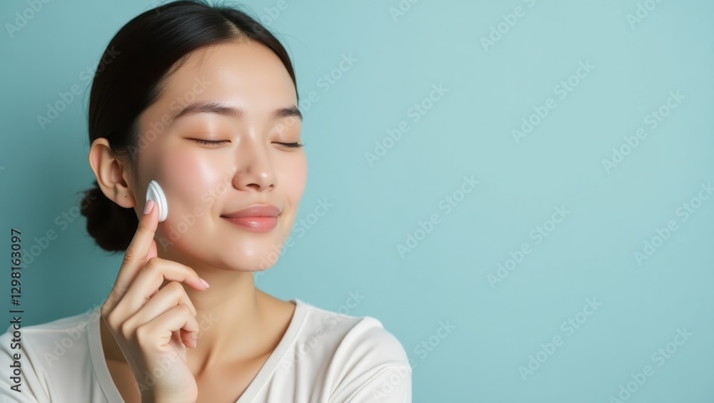 Tranexamic Acid Cream. Woman is using cotton pad to clean her face Tranexamic Acid Cream. Woman is using cotton pad to clean her face