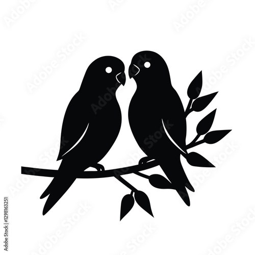 Silhouette of two lovebirds sitting closely on a branch in romance