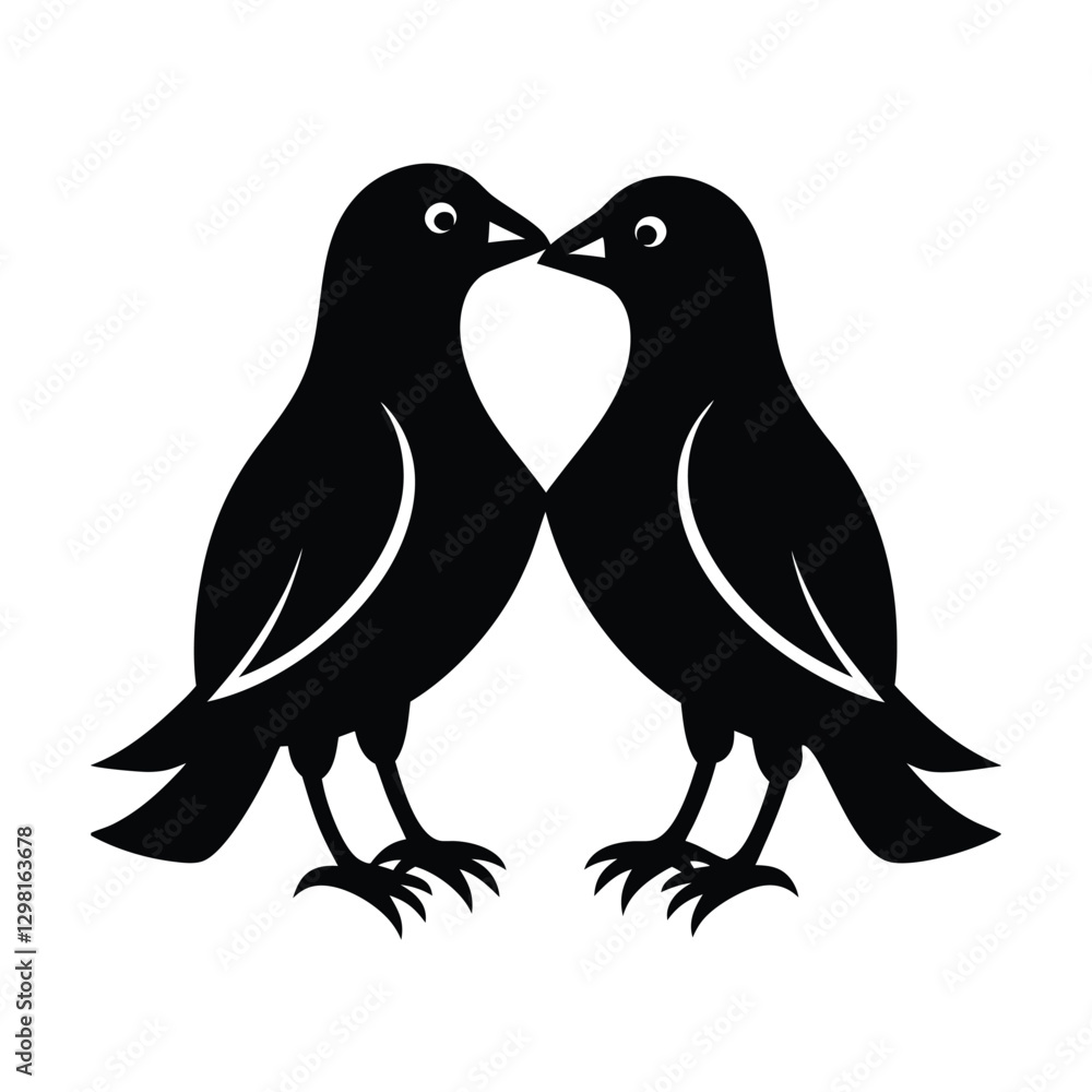 Fototapeta premium Romantic lovebirds touching beaks silhouette on white background