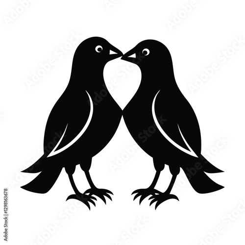 Romantic lovebirds touching beaks silhouette on white background