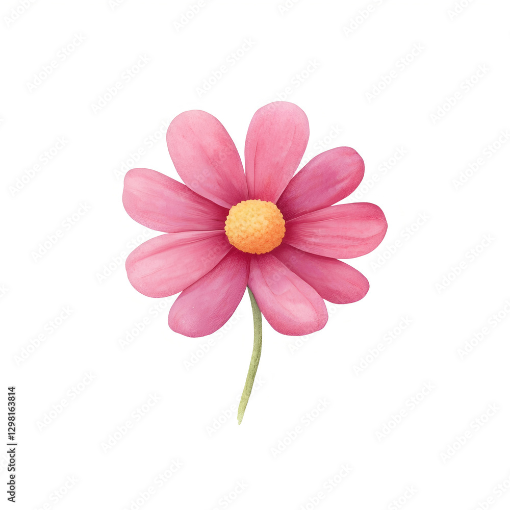 vibrant pink daisy with yellow center and green stem on white background vibrant pink daisy with yellow center and green stem on white background