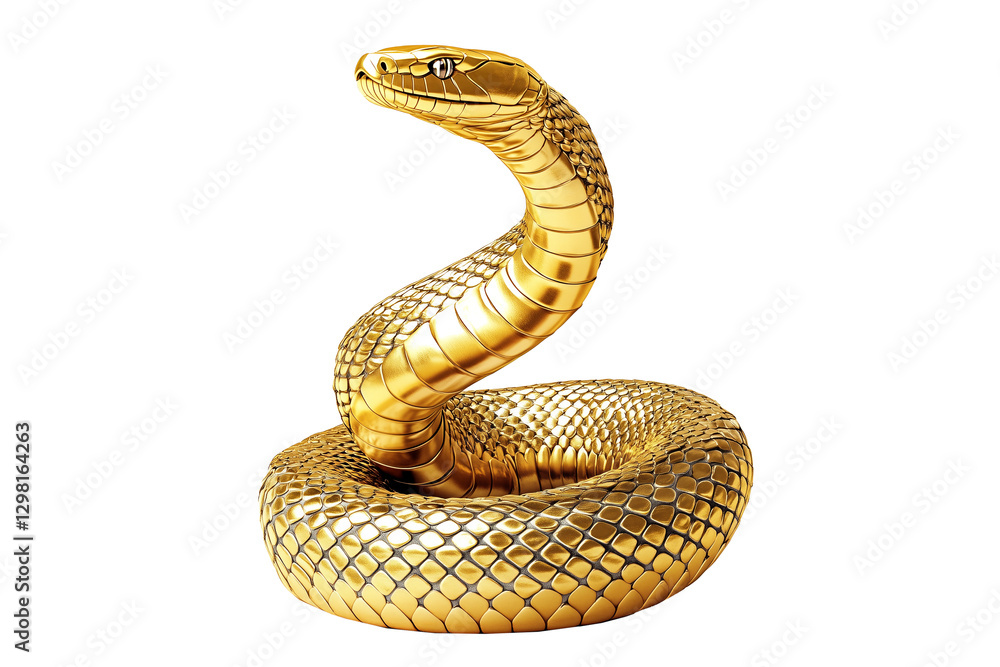 Fototapeta premium Coiled golden snake sculpture with detailed scales isolated on white transparent background, reptiles or wildlife, symbolizing Chinese Lunar New year