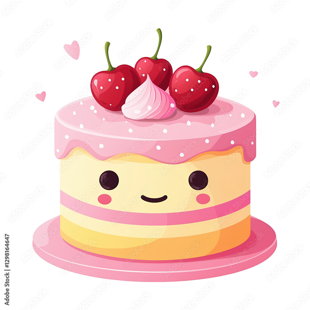 Cute cartoon cake with pink frosting, cherries, and smiling face on plate Cute cartoon cake with pink frosting, cherries, and smiling face on plate