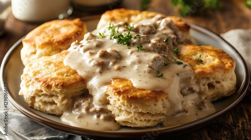 Southern comfort: Flaky biscuits smothered in creamy gravy, a classic and satisfying comfort food dish.