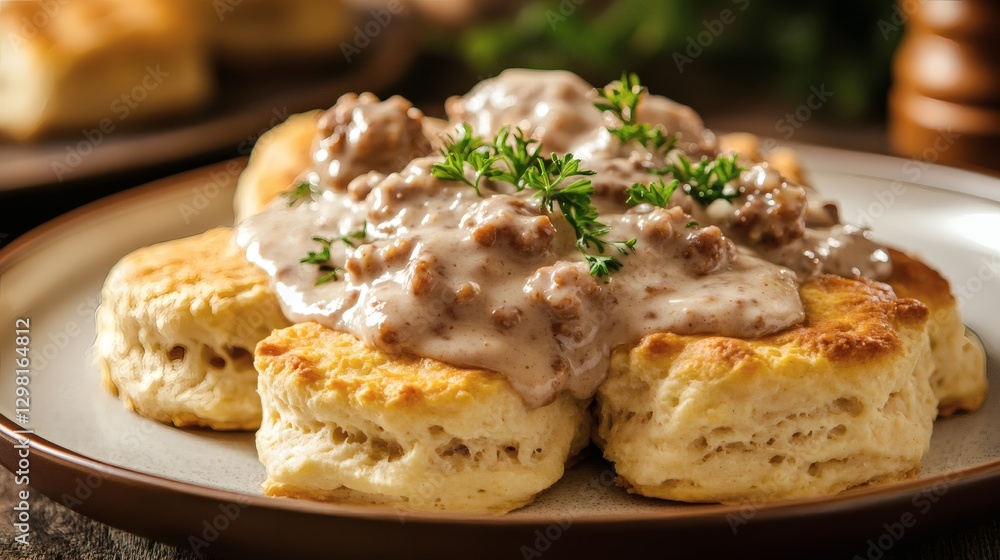 Fluffy biscuits topped with creamy gravy and garnished with fresh parsley, a comforting classic meal. Fluffy biscuits topped with creamy gravy and garnished with fresh parsley, a comforting classic meal.