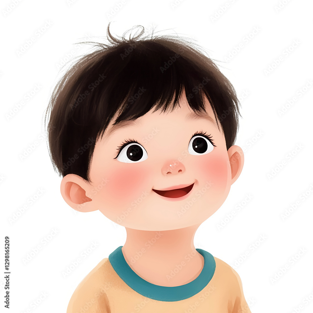 cute illustration of smiling child with dark hair and bright eyes, wearing simple shirt, set against white background. child expression is joyful and innocent cute illustration of smiling child with dark hair and bright eyes, wearing simple shirt, set against white background. child expression is joyful and innocent