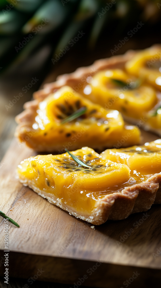 Tart with passion fruit cream and slices of caramelized pineapple. Tart with passion fruit cream and slices of caramelized pineapple.