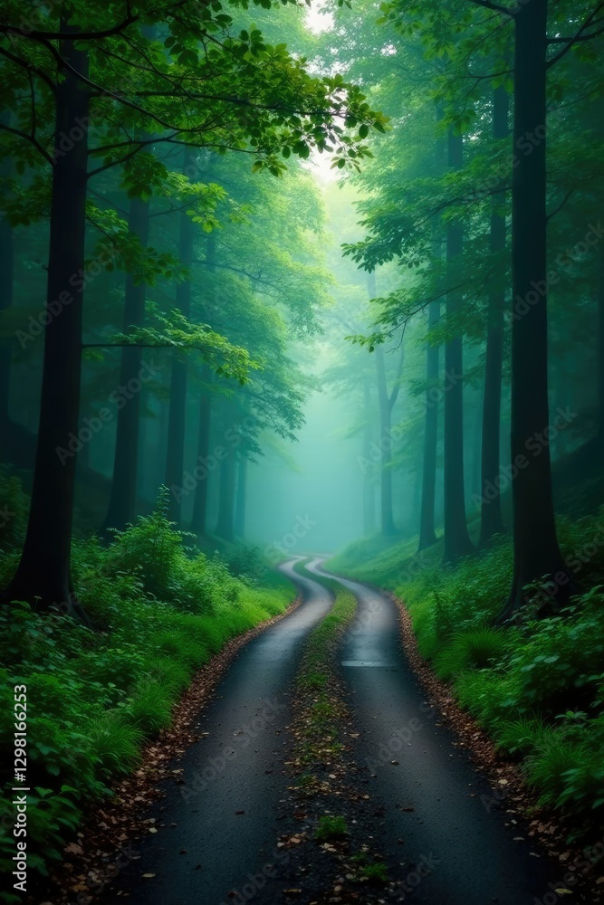 Obraz premium Misty forest road winding through dense foliage, winding road, nature
