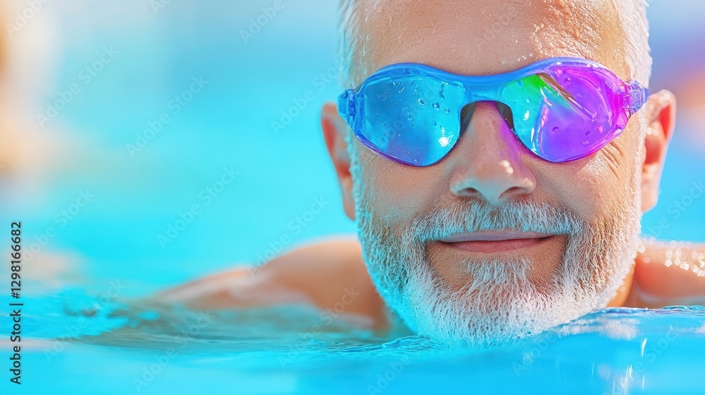 Naklejka premium Smiling Man In Goggles Swimming In A Bright Pool