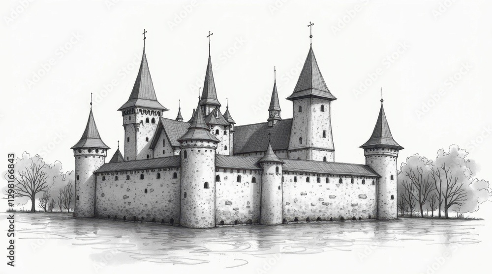 Obraz premium Classic Black and White Sketch of Wawel Castle in Krakow