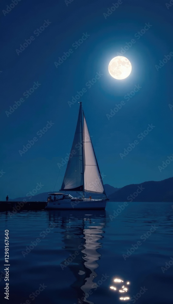 Naklejka premium Sailboat sails under a moonlit sky at night near a dock, sailboat, calm, darkness
