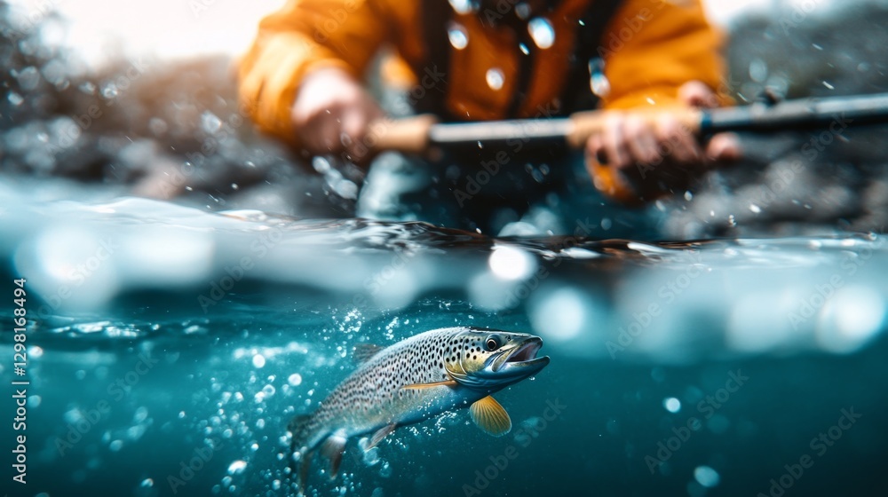 Underwater Fishing: An angler casts a fishing rod, with a clear view of a trout swimming underwater, capturing the moment of the potential catch in crystal-clear water. Underwater Fishing: An angler casts a fishing rod, with a clear view of a trout swimming underwater, capturing the moment of the potential catch in crystal-clear water.
